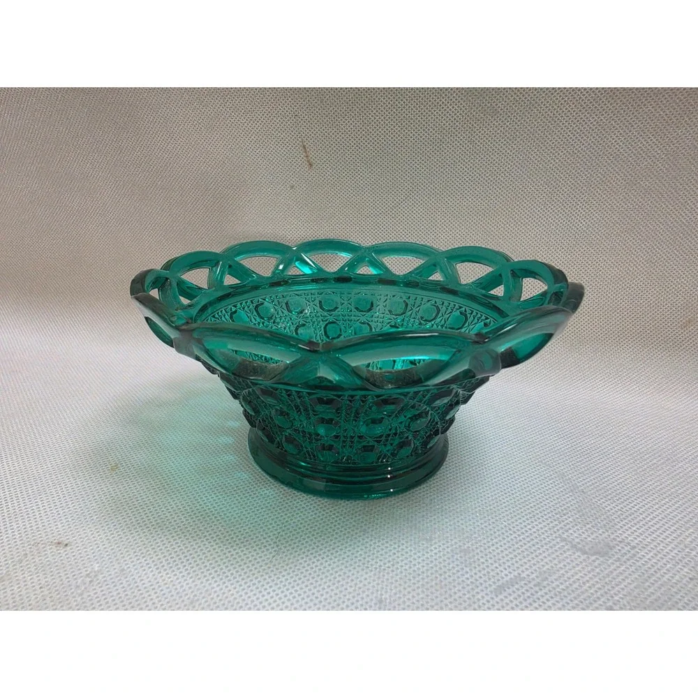 Imperial Glass Teal Green Open Lace Edge Button and Cane Footed Bowl